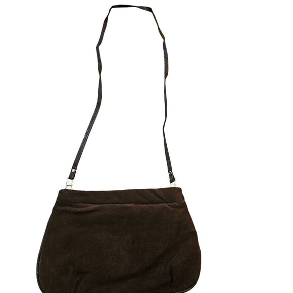 Vintage Brown Suede Shoulder Bag With Metallic Snake Skin Accent Strap & Detaili - Picture 2 of 12